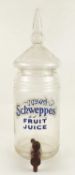 SCHWEPPES FRUIT JUICE ADVERTISING GLASS CYLINDER DISPENSER, acid etched lettering, with removable