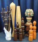 PAINTED & CARVED WOODEN FRUITING VASE, 58cms (h), number of turned wooden chess pieces, 79cms (h)