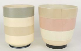 POOLE EVEREST WARE CYLINDER VASE, 18cms (h); together with a further Everest ware vase, 18cms (h) (