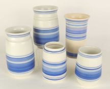 FIVE POOLE PICOTEE BLUE BANDED VASES, all c. 1950s, tallest 17cms (h), smallest 12.5cms (h)