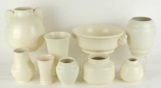 POOLE MAGNOLIA WHITE VASES, in traditional 1930s shapes, including 668, 21cms (h); flared vase (