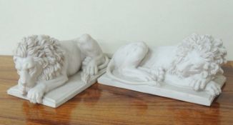 PAIR OF REPRODUCTION CAST COMPOSITE MODELS OF THE CHATSWORTH LIONS after Canova, 40cms (l)