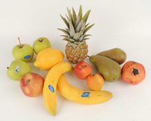 PENKRIDGE POTTERY REALISTIC FRUITS, comprising small pineapple, pomegranate, lemon, bananas, apples,
