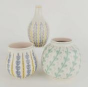 THREE POOLE POTTERY CONTEMPORARY VASES, comprising YCS (349), 10.5cms (h); YFT (185), 12cms (h); and