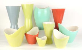 COLLECTION OF FREEFORM & OTHER PASTEL SHADE VASES, c. 1950s, tallest 31.5cms (h), smallest 9.5cms (