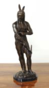 DECORATIVE BRONZE FIGURE OF A NATIVE AMERICAN WARRIOR, unsigned, on black marble base, 56.5cms (h)