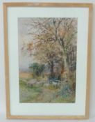 HENRY CHARLES FOX (1855-1929) watercolour - sheep grazing at the edge of a wood, signed and dated