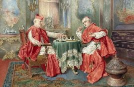 UMBERTO CACCIARELLI (Italian, 1880-1910) watercolour - Cardinals playing chess beside a brazier,