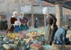 ‡ GRAINGER SMITH (British, 1892-1961) watercolour - entitled 'The Marketplace at Bruges, Belgium',