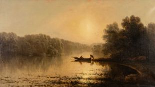 SYDNEY MULHOLLAND (British, 1839-1910) oil on canvas - early morning lake fishing, two figures