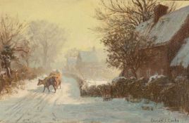 ERNEST OWEN COOKE (British, 1862-1937) oil on board - cows coming home through a winter village,