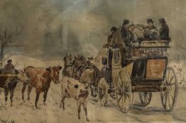 LUDOVIC (19th century) watercolour - stage coach and cattle, signed lower left, 23 x 34cms
