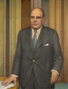 ‡ ALFRED JANES (Welsh, 1911-1999) oil on board - standing portrait of Iain Macleod, titled on the