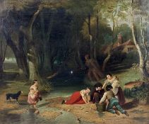 EARLY 19TH CENTURY BRITISH SCHOOL, oil on canvas - children and dog by stream with bucket of fish,