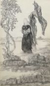 ‡ ANNE SAID (British, 1914 - 1995) charcoal drawing, surrealist depiction of a French legend, signed