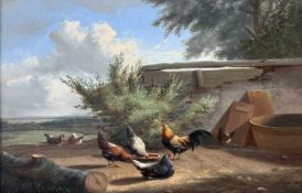 JEF LOUIS VAN LEEMPUTTEN (Belgian, 1867-1948) oil on panel - hens and rooster in yard, signed and
