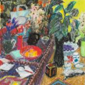 ‡ JACK SHORE (Welsh, 1922-2008) wax crayon and acrylic - still life with vases of flowers, bowls