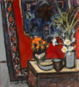 ‡ JACK SHORE (Welsh, 1922-2008) mixed media - still life with two vases of flowers and bowls on a