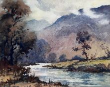 ‡ ROBERT LESLIE HOWEY (British 1900-1981) watercolour - mountainscape from rivers edge, signed lower