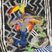 ‡ JACK SHORE (Welsh, 1922-2008) acrylic - still life with a vase of flowers and a toucan,