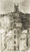 ‡ JACK SHORE (Welsh, 1922-2008) charcoal on paper - buildings with a large cathedral at the