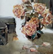 ‡ ETHEL WALKER (Scottish b.1941) oil on board - 'Rose and Black Boxes', entitled verso, signed lower