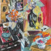 ‡ JACK SHORE (Welsh, 1922-2008) wax crayon - still life with flowers, vases and a jug, inscribed
