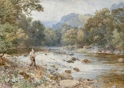 MYLES BIRKET FOSTER, RWS (British, 1825-1899) watercolour - riverscape with boy fishing to side,