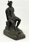 19TH CENTURY CAST BRONZE FIGURE OF MERCURY, seated with a lizard at his feet, 30cms (h)