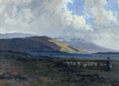 JAMES HUMBERT CRAIG, RHA RUA (Irish, 1877-1944) oil on board - shepherd and flock before a