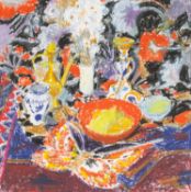 ‡ JACK SHORE (Welsh, 1922-2008) wax crayon - still life with vases, bowls of fruit and a