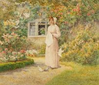 ETHEL DAVIES (British, fl. 1896-1924) watercolour - 'In the Month of Roses', maiden in a cottage