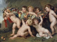 AFTER SIR PETER PAUL RUBENS, painted German porcelain plaque - The Garland of Fruit, a group of