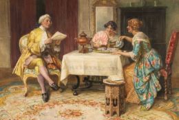 SYDNEY MUSCHAMP RBA (British, 1851-1929) watercolour - Afternoon Tea, family of three Georgians