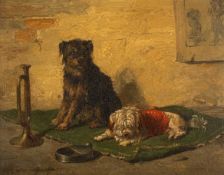 CHARLES VAN DEN EYCKEN (Belgian, 1859-1923) oil on panel - Waiting for the master, Terriers, trumpet