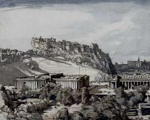 ‡ SIR HENRY RUSHBURY (British, 1889-1968) pen, ink & watercolour - Edinburgh Castle, unsigned, 19