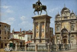 HAND DECORATED PORCELAIN PLAQUE featuring the equestrian statue of Bartolomeo Colleoni, Venice, 26 x