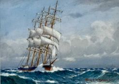 ‡ SAMUEL JOHN MILTON BROWN (British 1873-1965) watercolour - four masted sailing ship in choppy