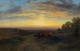 GEORGE COLE (British 1810 - 1883) oil on canvas - extensive moorland sunset with cattle, signed