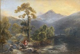 19TH CENTURY WELSH SCHOOL, oil on canvas - mountainous river with lady in traditional Welsh