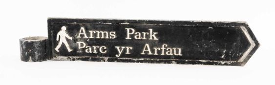 RUGBY UNION CLUB HOUSE: 'ARMS PARK, PARC YR ARFAU', original cast aluminium street sign, in black
