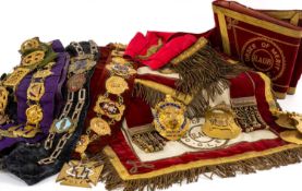 MASONIC CLUB HOUSE: LARGE COLLECTION OF RAOB GILT METAL REGALIA, including sashes, apron, badges,