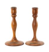 MARITIME CLUB HOUSE: HMS GANGES & HMS TERRIBLE, pair of turned teak candlesticks with base mounted