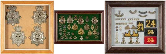 MILITARY CLUB HOUSE: COLLECTION OF SHAKOS & CAP BADGES ETC to include in the first case four