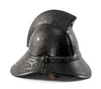 MILITARY CLUB HOUSE: SCOTTISH LEATHER FIREMAN'S HELMET with arched crest, 33cms (l) Provenance:
