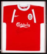 FOOTBALL CLUB HOUSE: FRAMED REPLICA LIVERPOOL SHIRT, bearing a black ink signature of Michael