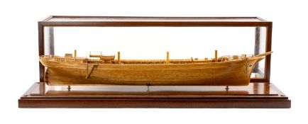 MARITIME CLUB HOUSE: CASED PLANKED & FRAMED UNRIGGED MODEL OF A SHIP, early 20th C., with four cut-
