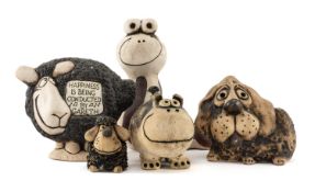 GROGGS CLUB HOUSE: ANIMAL CARICATURES, three dogs, tallest 11cms (h), sheep inscribed 'Happiness