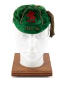 FOOTBALL CLUB HOUSE: 1929-30 FOOTBALL ASSOCIATION OF WALES CAP, green velvet with gold thread
