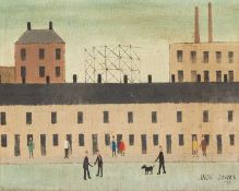 ‡ JACK JONES (1922-1993) oil on board - entitled verso, 'Houses with Gas Works', signed and dated '